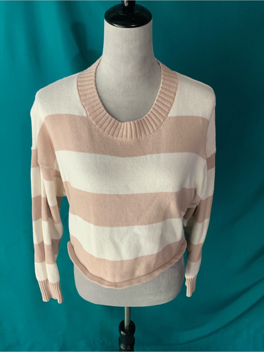 Le Lis Dusty Pink and Cream Striped Scoopneck Sweater